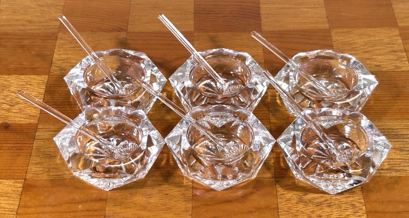 VTG Hexagon Crystal Starbust Open Salt Cellars Set Of 6 W/ Glass Spoons • Czech