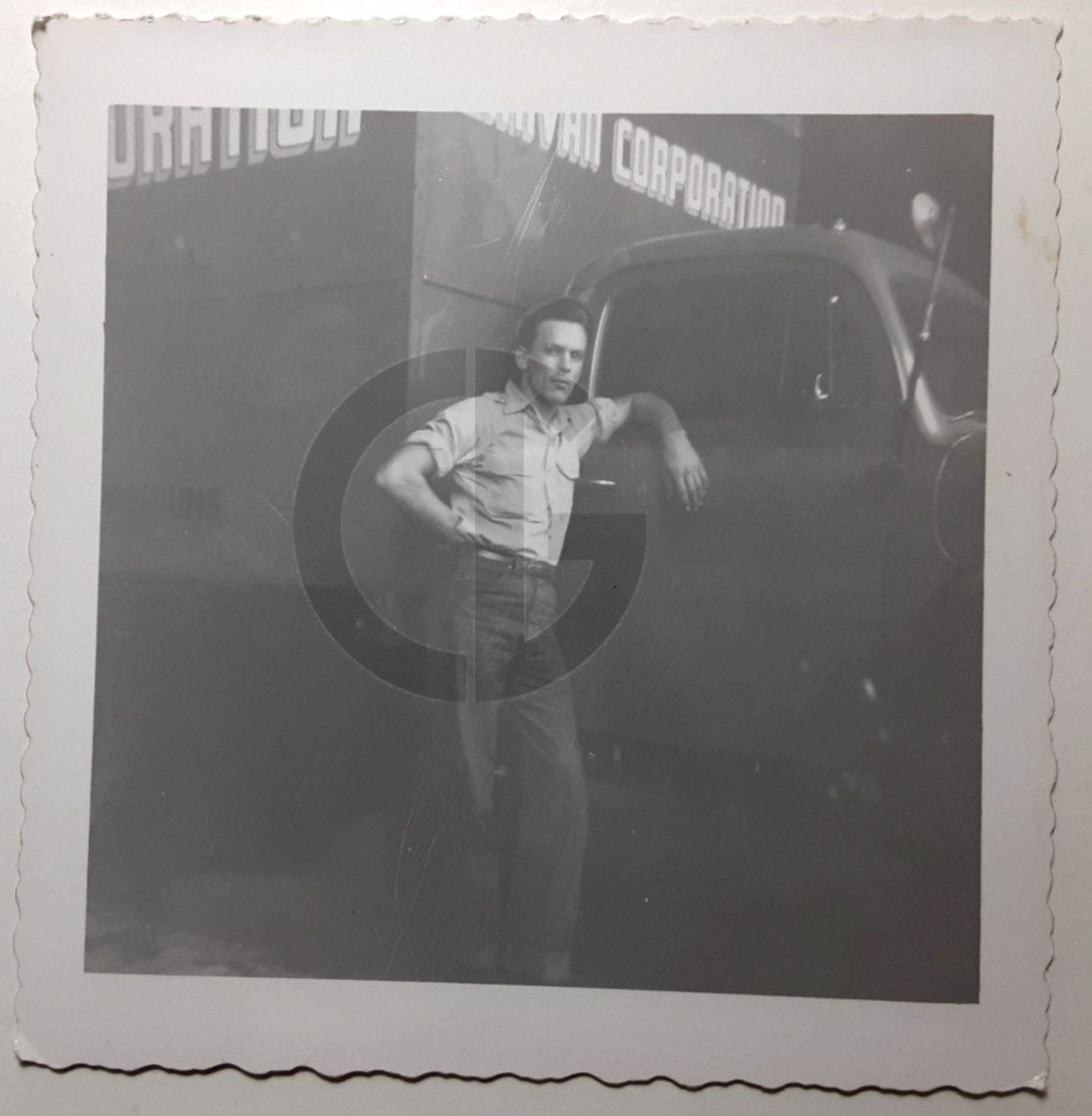 Man Posing @ Box Truck, Movers? Caravan Corporation?: 1950\'s Snapshot Photo