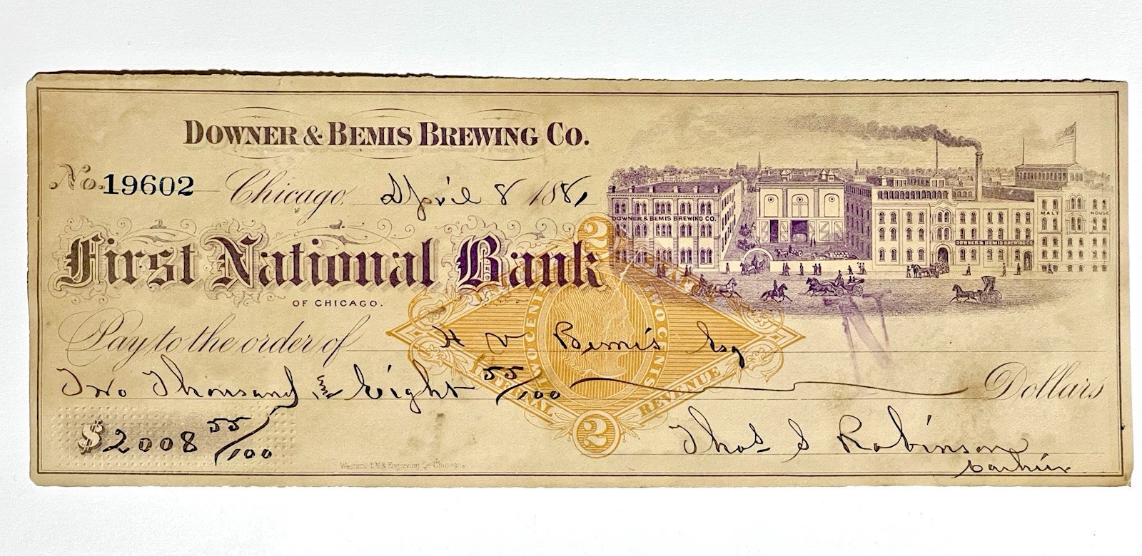 HISTORIC 1881 CHICAGO DOWDER & BEMIS BREWING CO.- HENRY V. BEMIS SIGNED CHECK