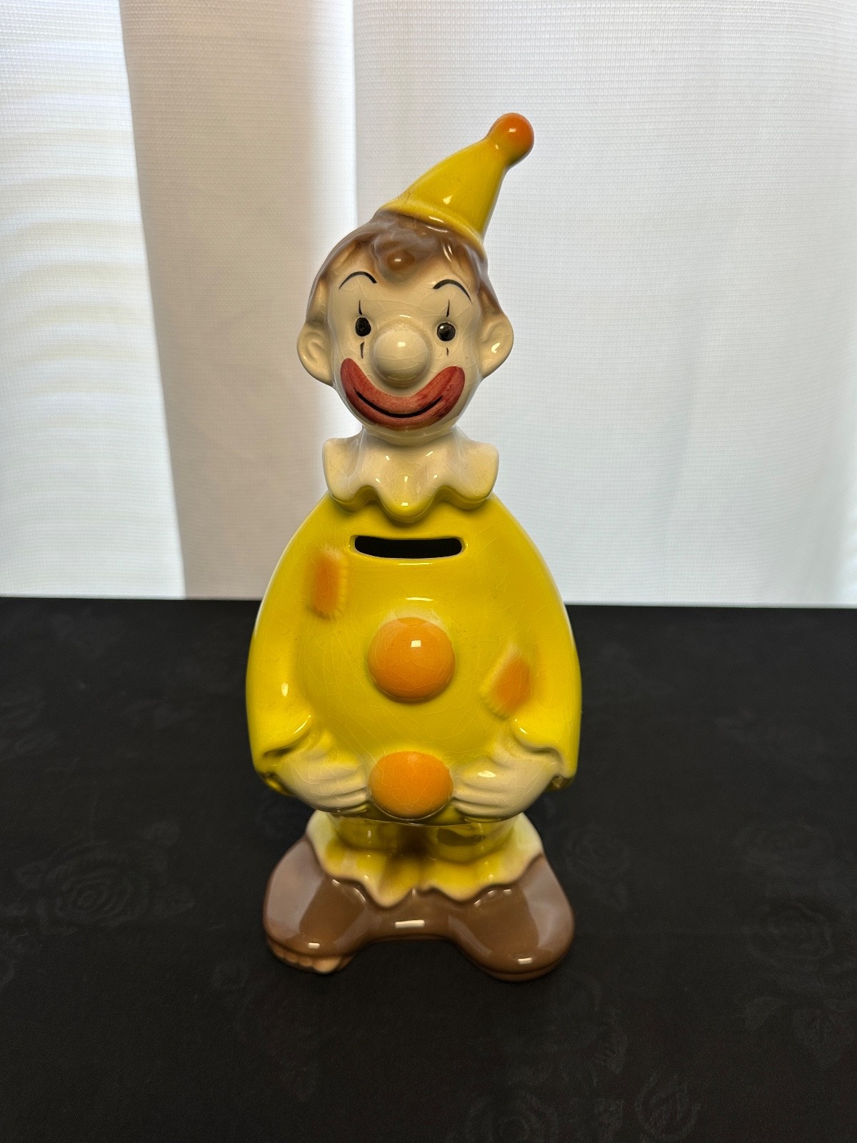 VINTAGE Ellgreave Pottery Yellow GO-GO the Clown Coin Bank w/ Stopper - England