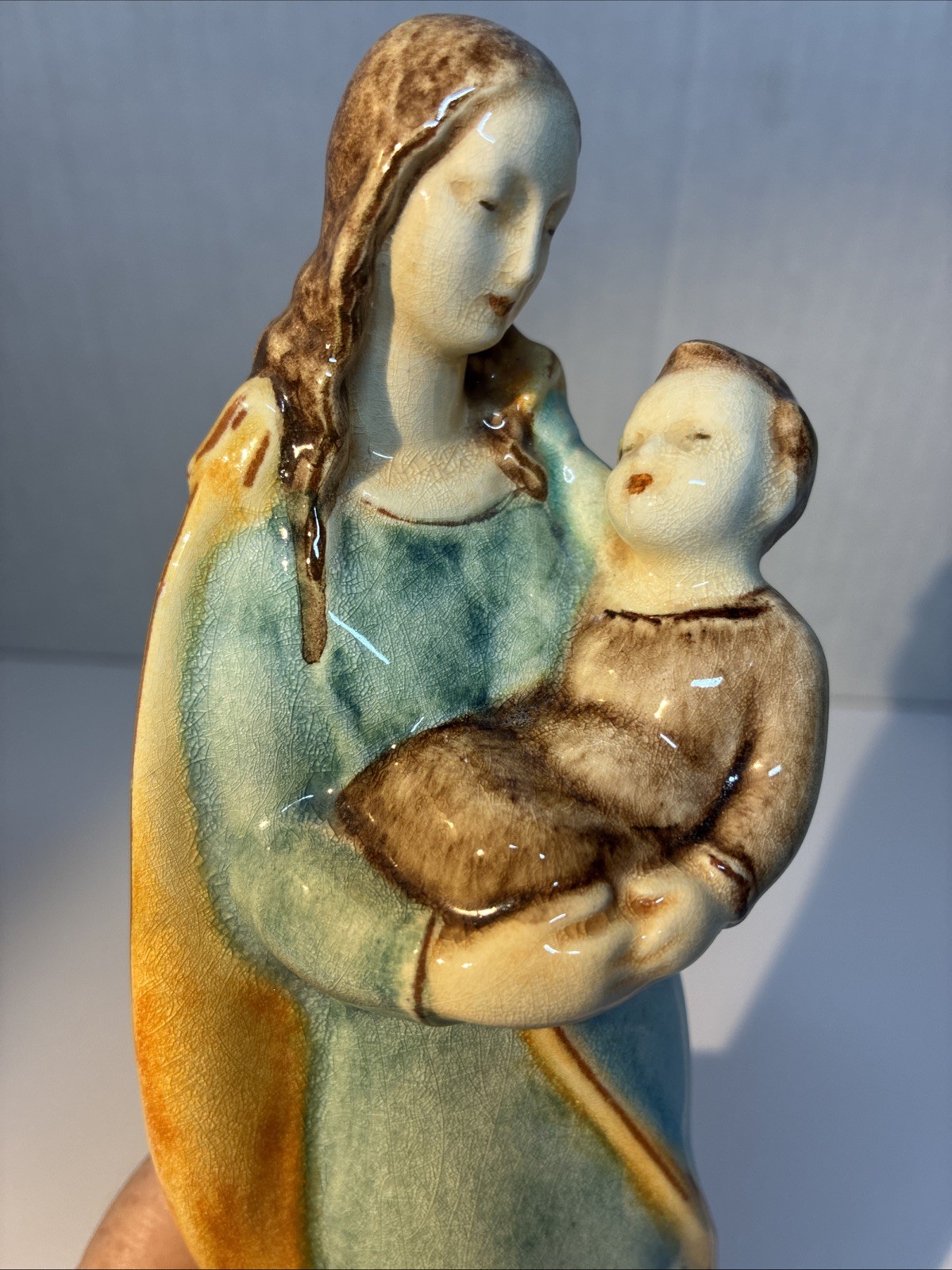Vintage Karlsruhe Majolika Madonna Child Figurine 4088 German Pottery Art 9\