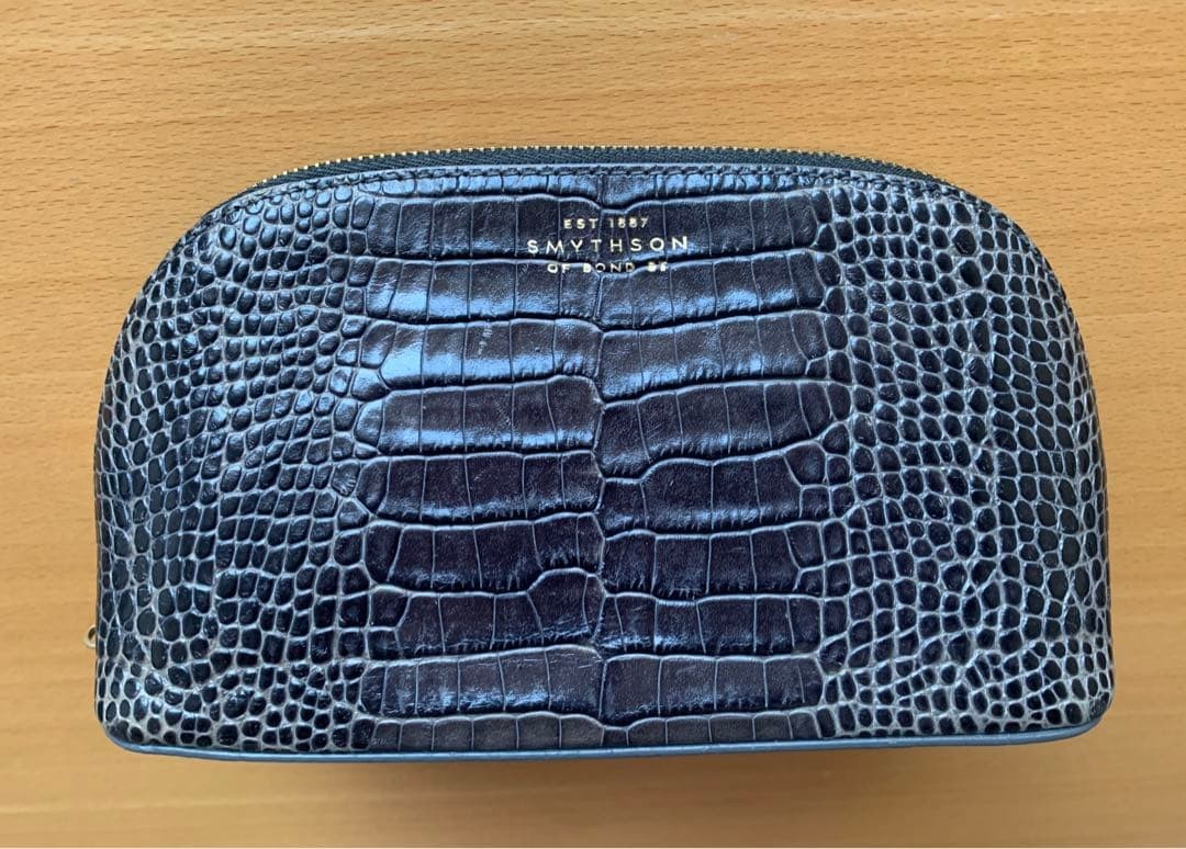 Smythson Crocodile Embossed Cosmetics Case Charcoal Gray