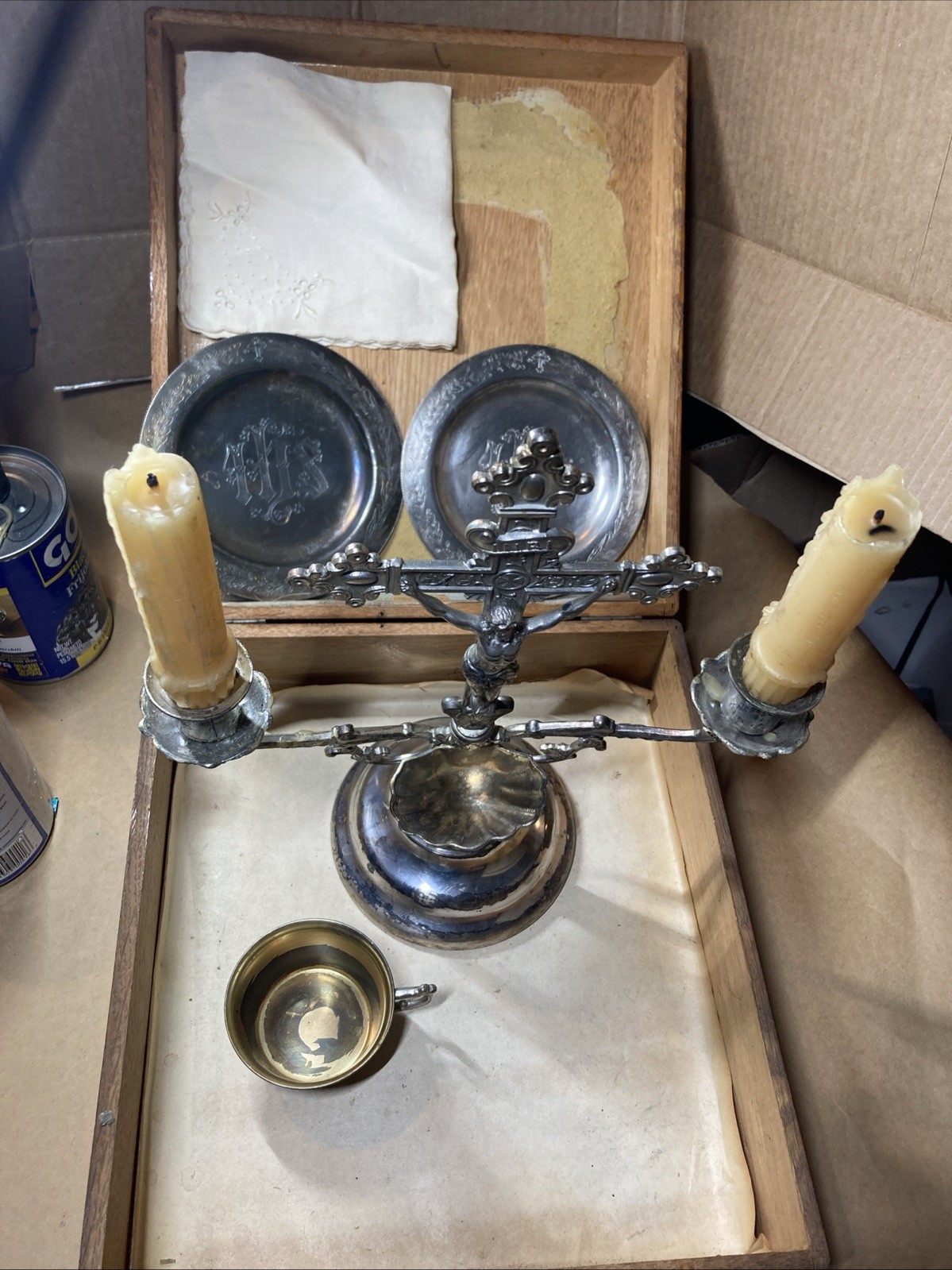 Antique Catholic Sick Call Set Last Rites Altar Kit In Wood Box