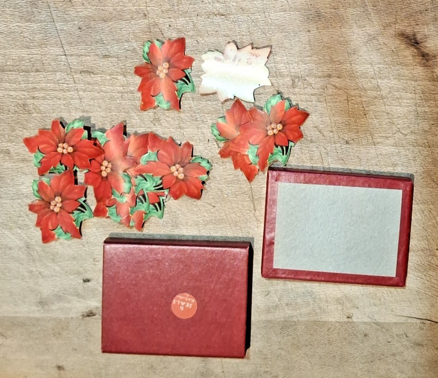 Vintage Red Box with Slide Drawer with 12 Gummed Poinsettia Christmas Card Seals