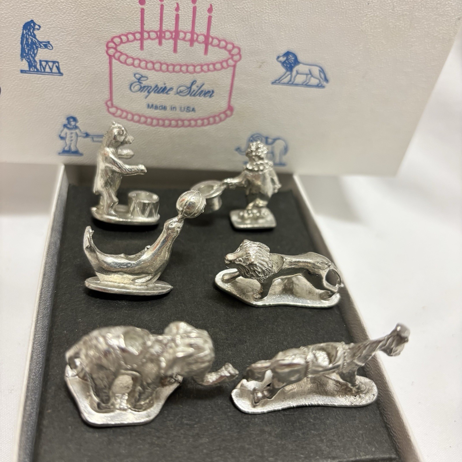 Vntg Empire Silver Pewter Circus Candle Holders In Original Box. Vntg Empire Silver Pewter Circus Candle Holders In Original Box.