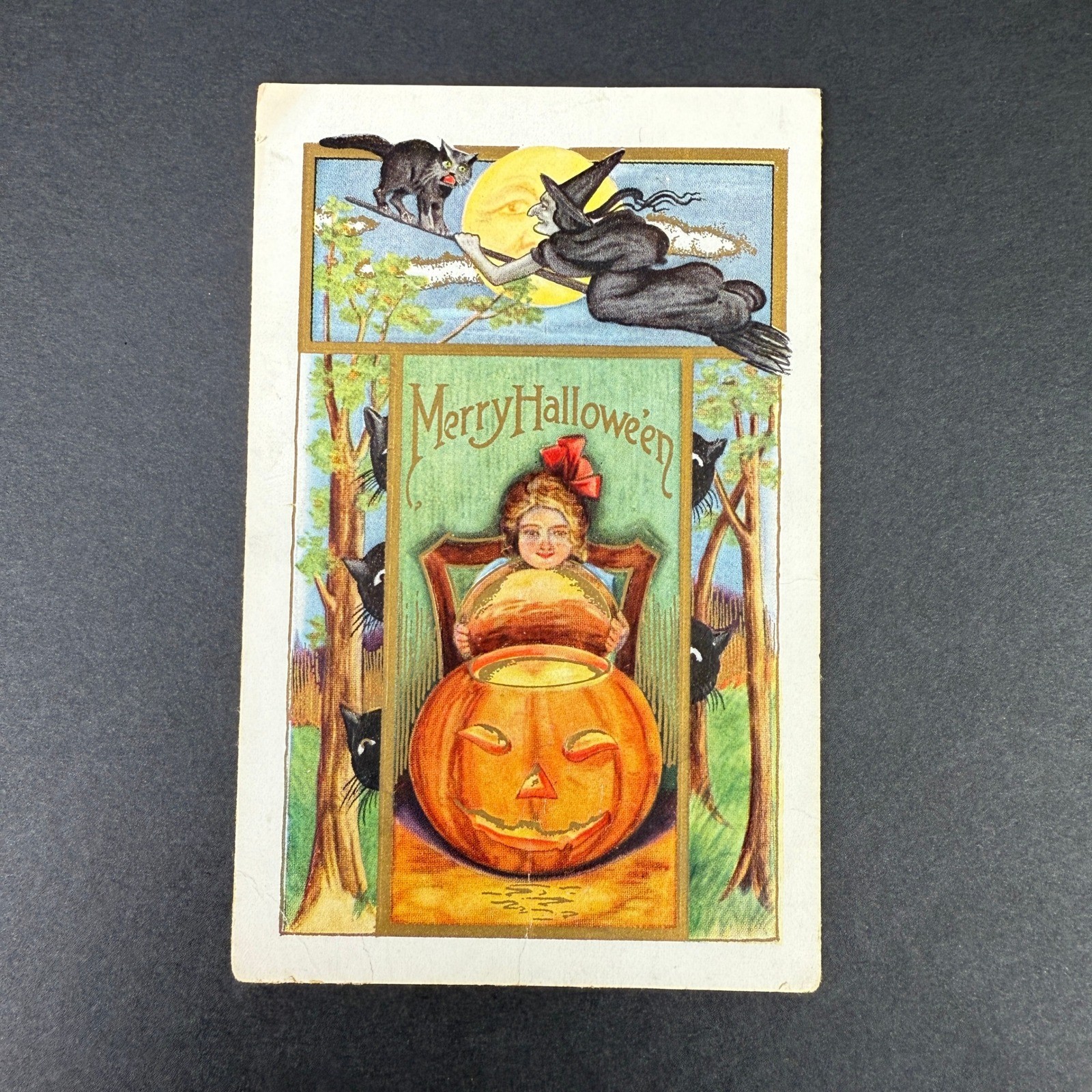 Antique Whitney Halloween Postcard Witch Cat Pumpkin Jack O Lantern cca 1910s