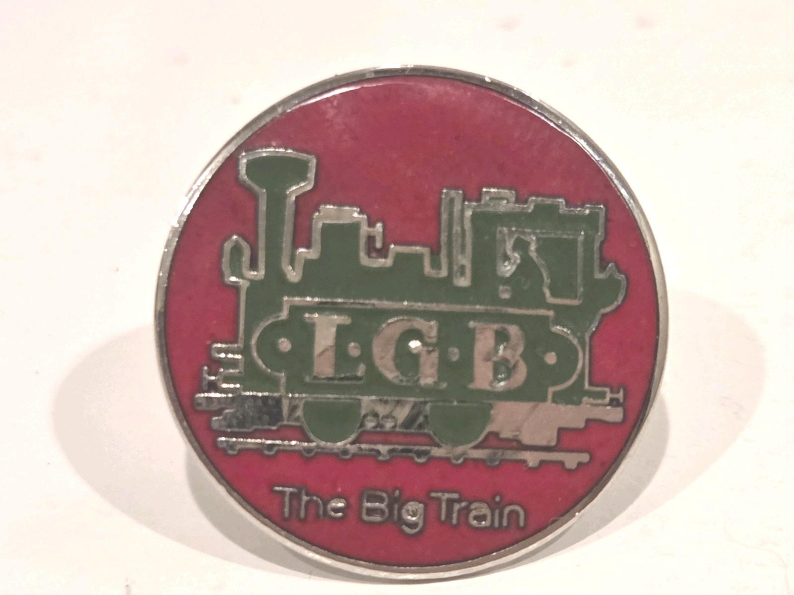 Vintage L.G.B. The Big Train Lapel Hat Pin Tie Tack Large Green Red bag Gold