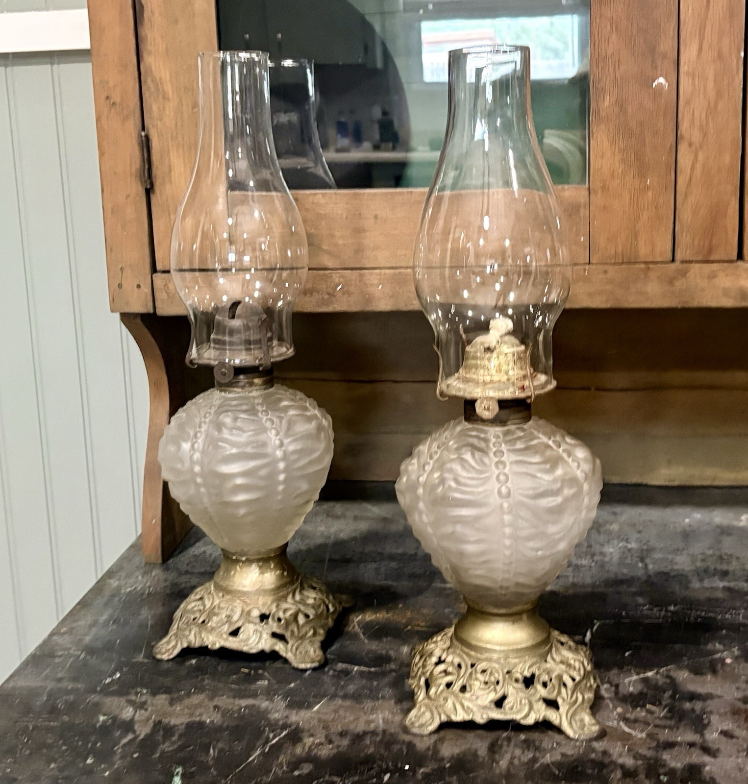 2 Matching EAPG Beaded Drape/Beaded Crinkle Kerosene Oil Lamps Antique 2 Matching EAPG Beaded Drape/Beaded Crinkle Kerosene Oil Lamps Antique