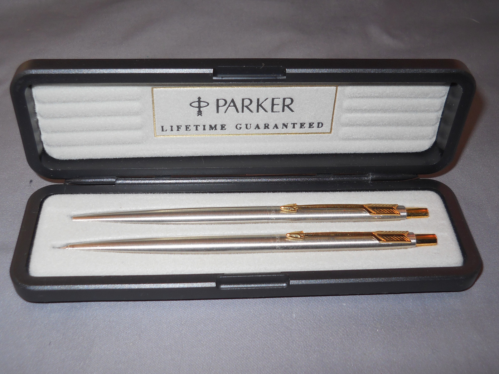 Parker Vintage Classic Ball Pen and .05mm Set--Stainless steel-Gold Trim--1980\'s Parker Vintage Classic Ball Pen and .05mm Set--Stainless steel-Gold Trim--1980\'s