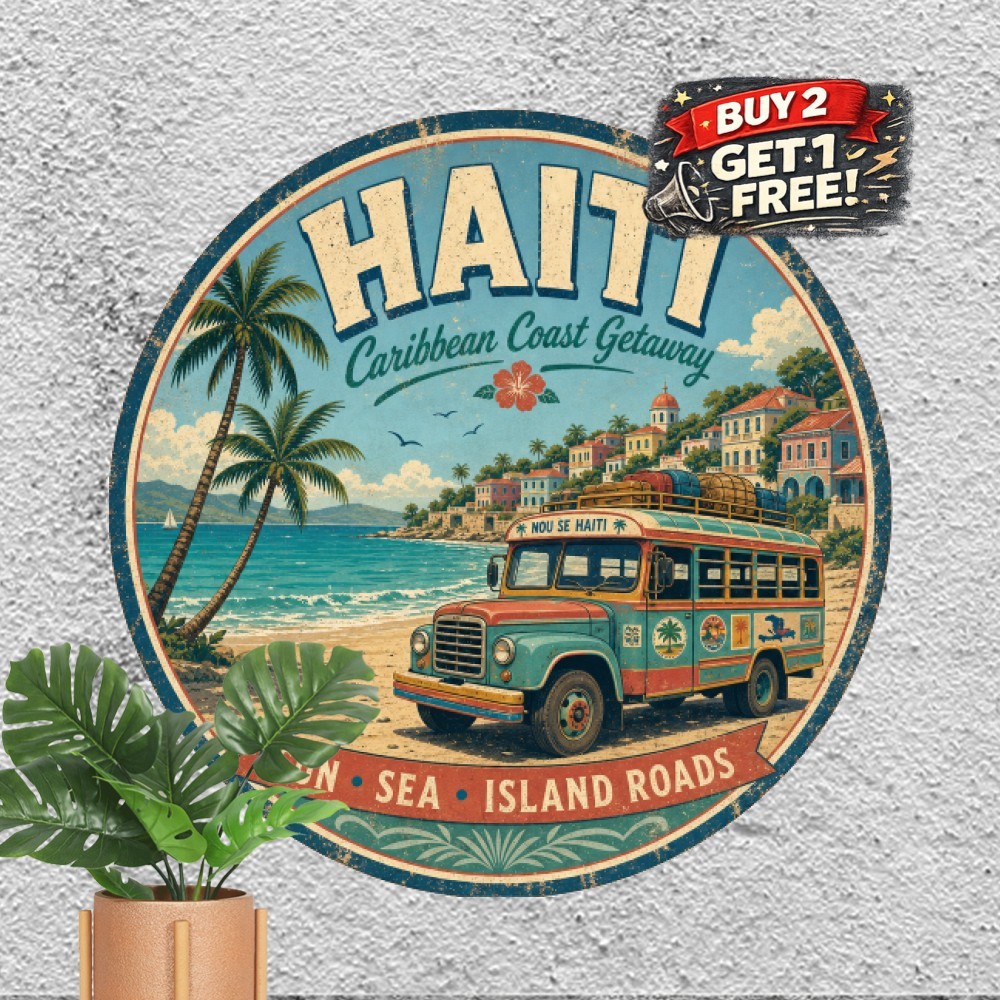 Vibrant Haitian Tap Tap Bus Tin Sign Round Caribbean Travel Metal Decor 8x8