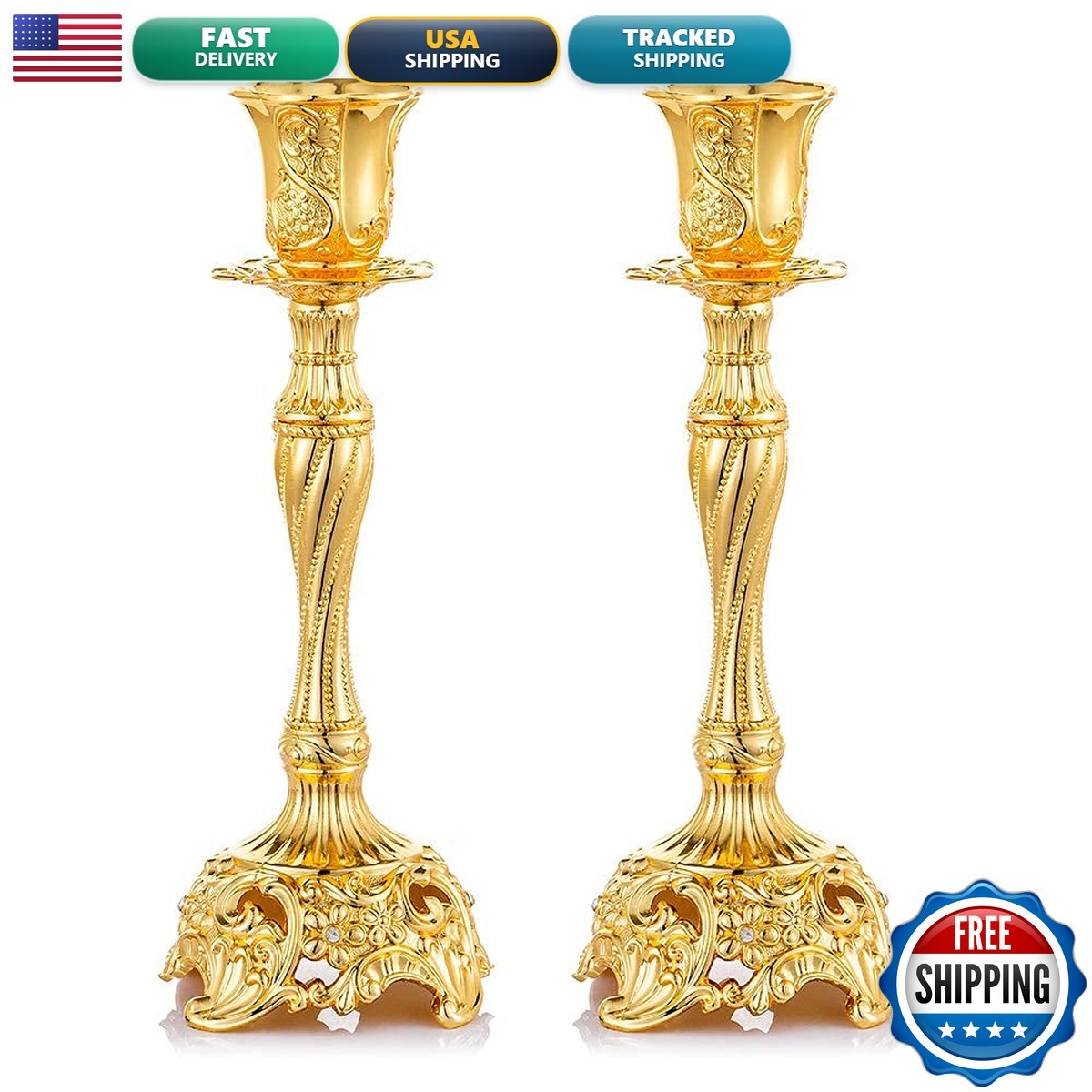 Sziqiqi Gold Candlestick Holders Set of 2, 7.4 inch