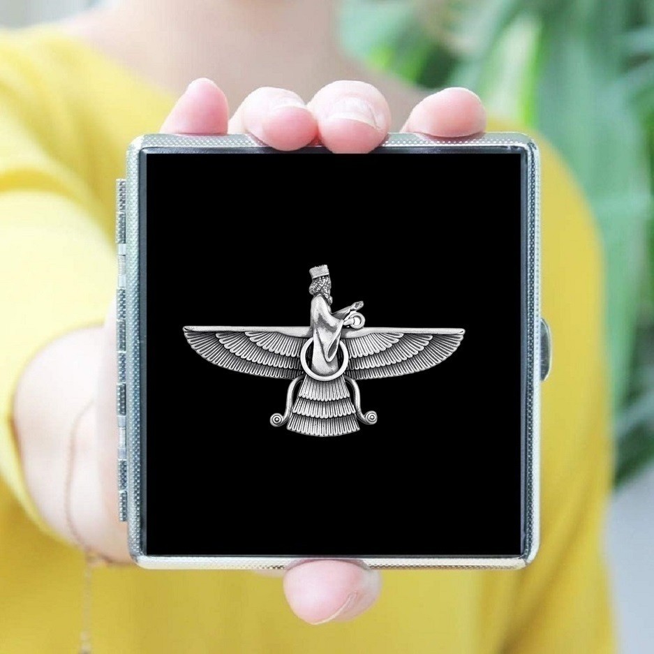 AHURA MAZDA Cigarette Case - Persia Iran Farvahar - Embossed Black Leather