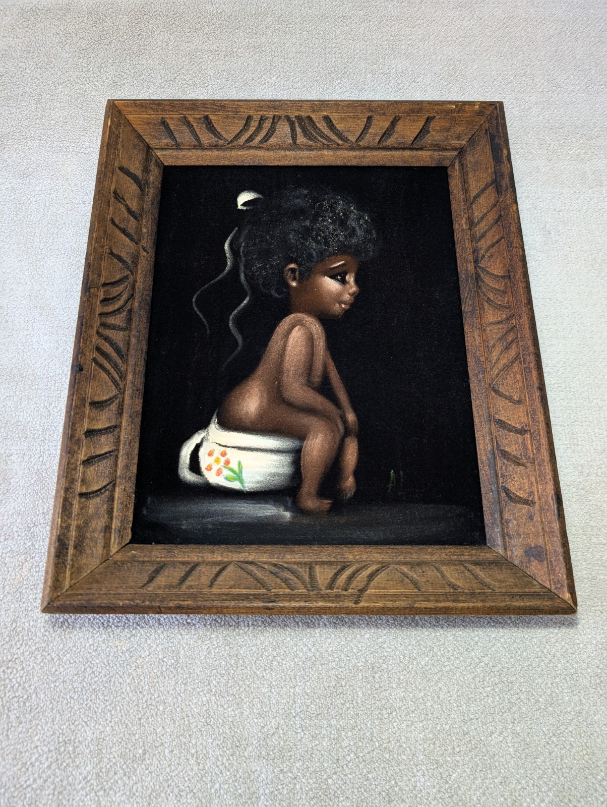 Vintage Black Velvet Painting Child Girl On Potty Toilet Funny Comical Art #1