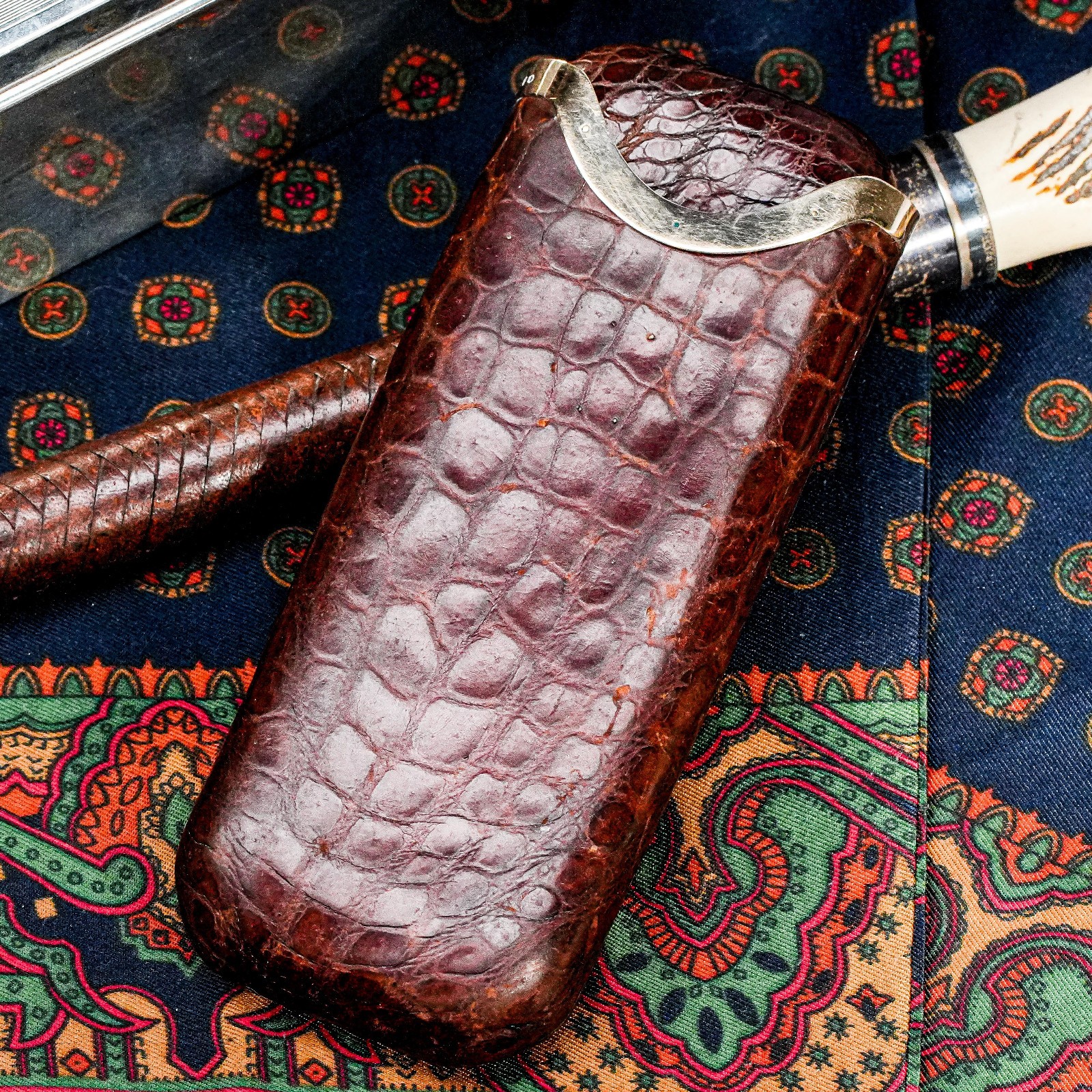 Rare Art Deco Antique Asprey 9k Gold Alligator Leather Cigar Case Tobacciana