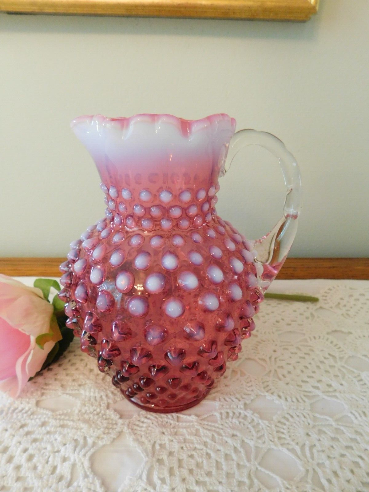 Fenton Cranberry Pink Hobnail Opalescent Glass Pitcher