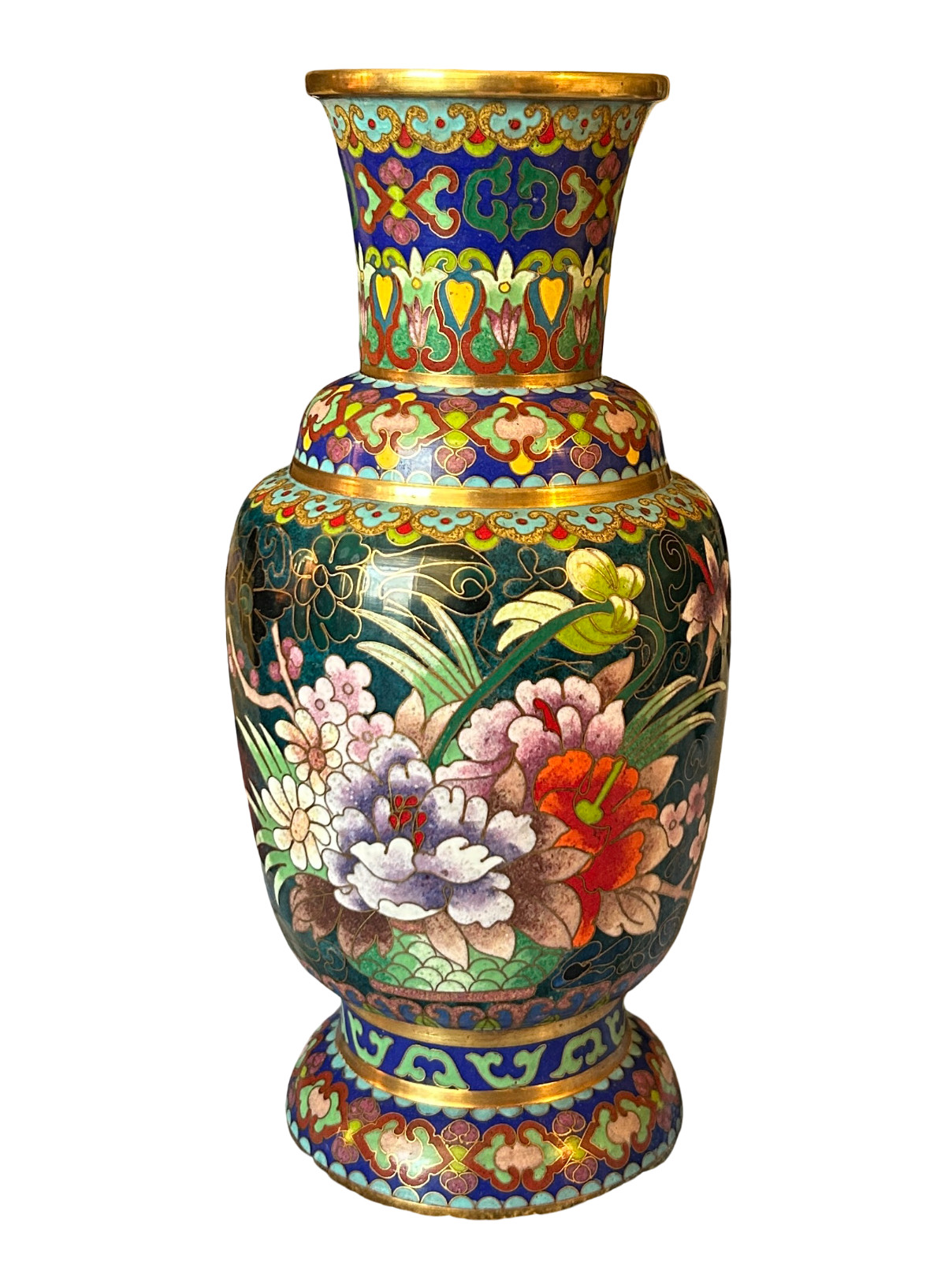 Vintage Chinese Cloisonne Floral, Enameled, Brass Vase 12\ Vintage Chinese Cloisonne Floral, Enameled, Brass Vase 12\