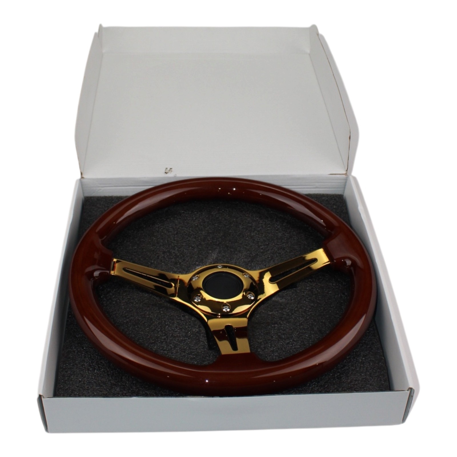 Wood Grip Steering Wheel 3 Spoke Slotted Gold Tone Brown Glossy Vintage Wood Grip Steering Wheel 3 Spoke Slotted Gold Tone Brown Glossy Vintage