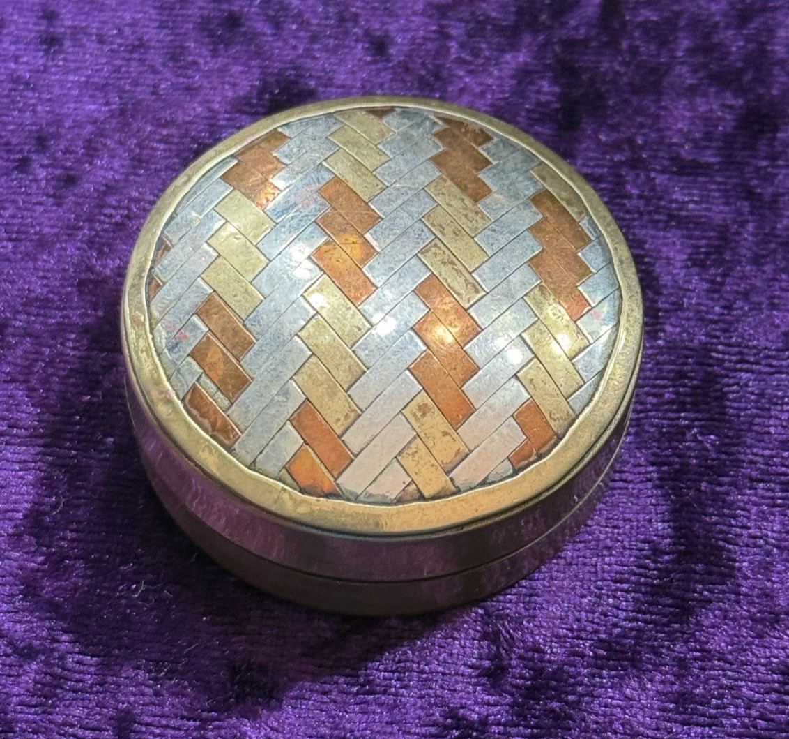 Vtg Copper Brass Weave Trinket Pill Box Jewelry Ring Keepsake Hinged Tin
