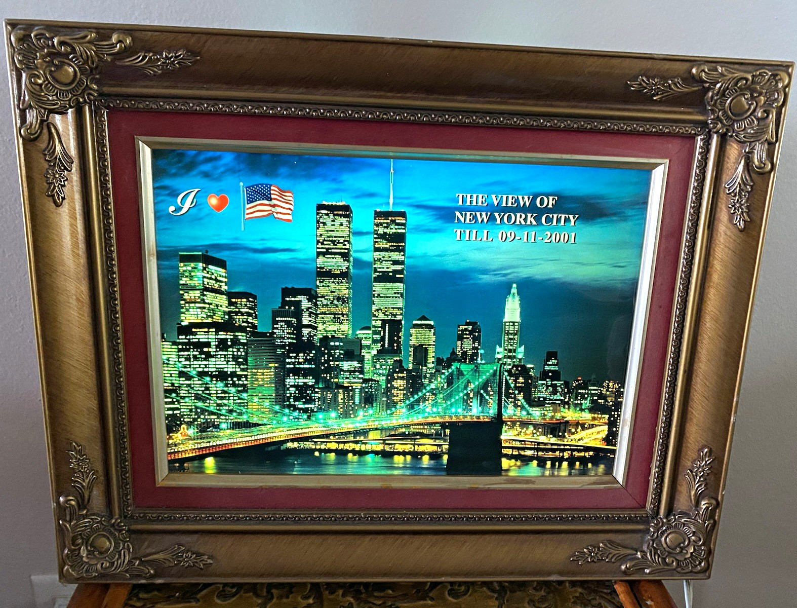 Framed illustration illuminated pre 9/11 New York City twin towers Skyline Print