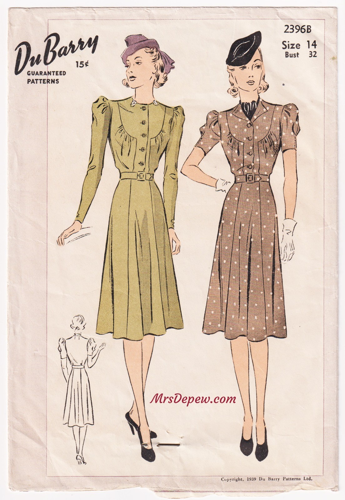 1940s Rare Vintage Sewing Pattern Short Long Sleeve Dress DuBarry 2396B 32\ 1940s Rare Vintage Sewing Pattern Short Long Sleeve Dress DuBarry 2396B 32\