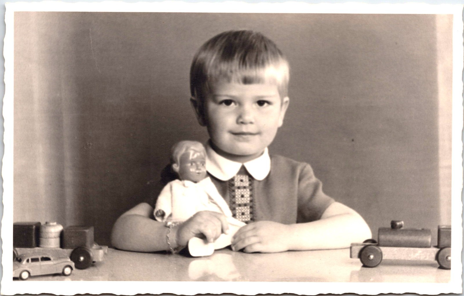 ADORABLE CHILD WITH TOYS : DOLL, TRAIN, CAR : VINTAGE PHOTOGRAPH : c 1950's ADORABLE CHILD WITH TOYS : DOLL, TRAIN, CAR : VINTAGE PHOTOGRAPH : c 1950's