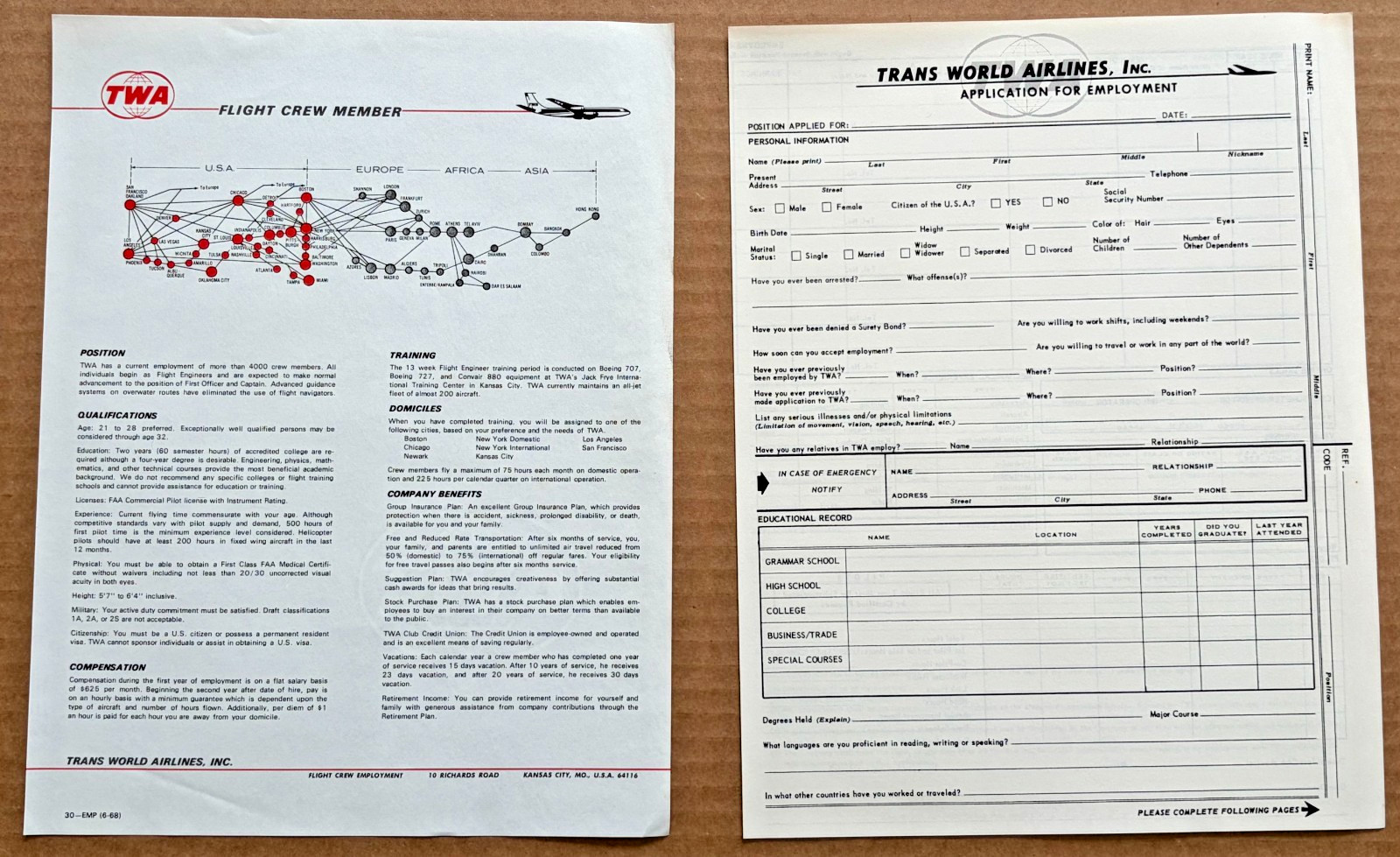 Vintage 1968 TWA Flight Crew Application & Qualifications Lot Watermarked Unused Vintage 1968 TWA Flight Crew Application & Qualifications Lot Watermarked Unused