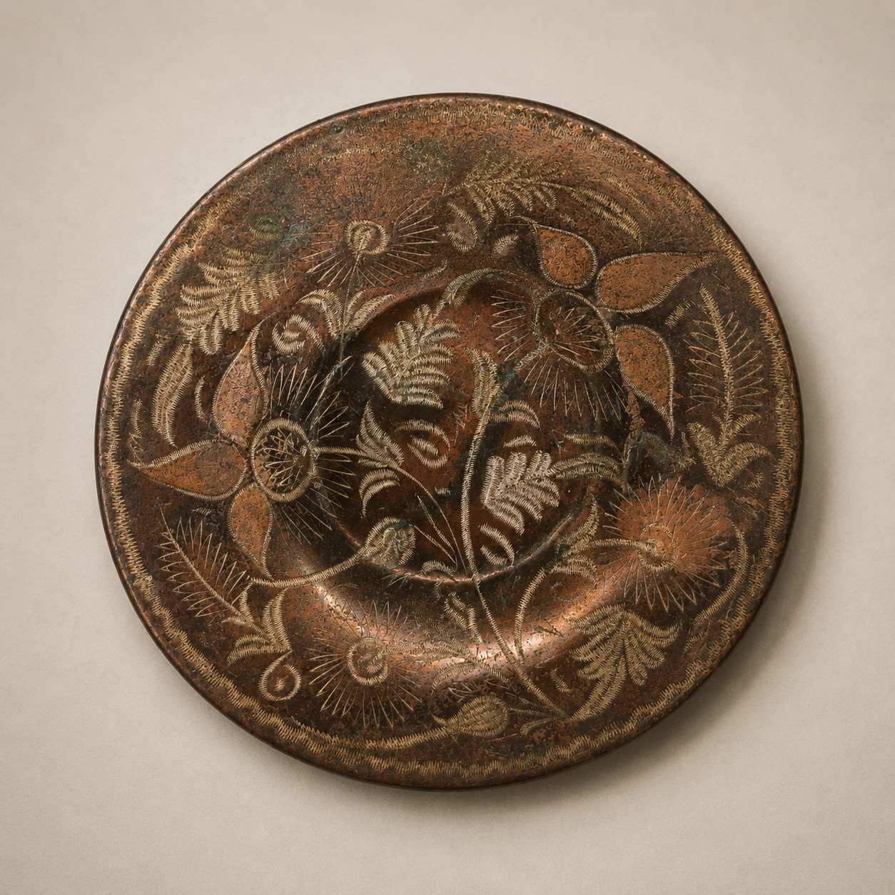 Vintage Hand Engraved Copper Wall Plate Floral Design Decorative Hanging Decor