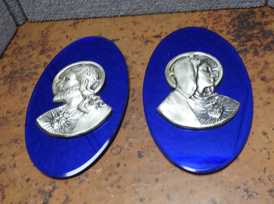Pair Vintage Sacred Heart Jesus Virgin Mary Wall Plaques Blue Glass Deco TS