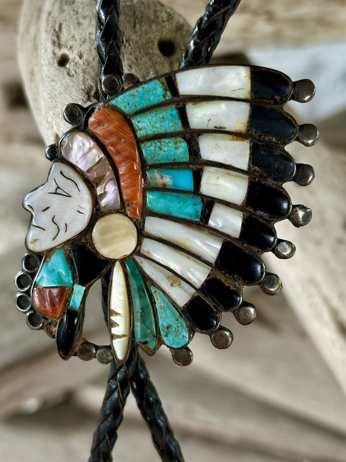 Vintage RARE VARIANT Ralph Quam Native American Zuni Sterling Indian Chief Bolo Vintage RARE VARIANT Ralph Quam Native American Zuni Sterling Indian Chief Bolo