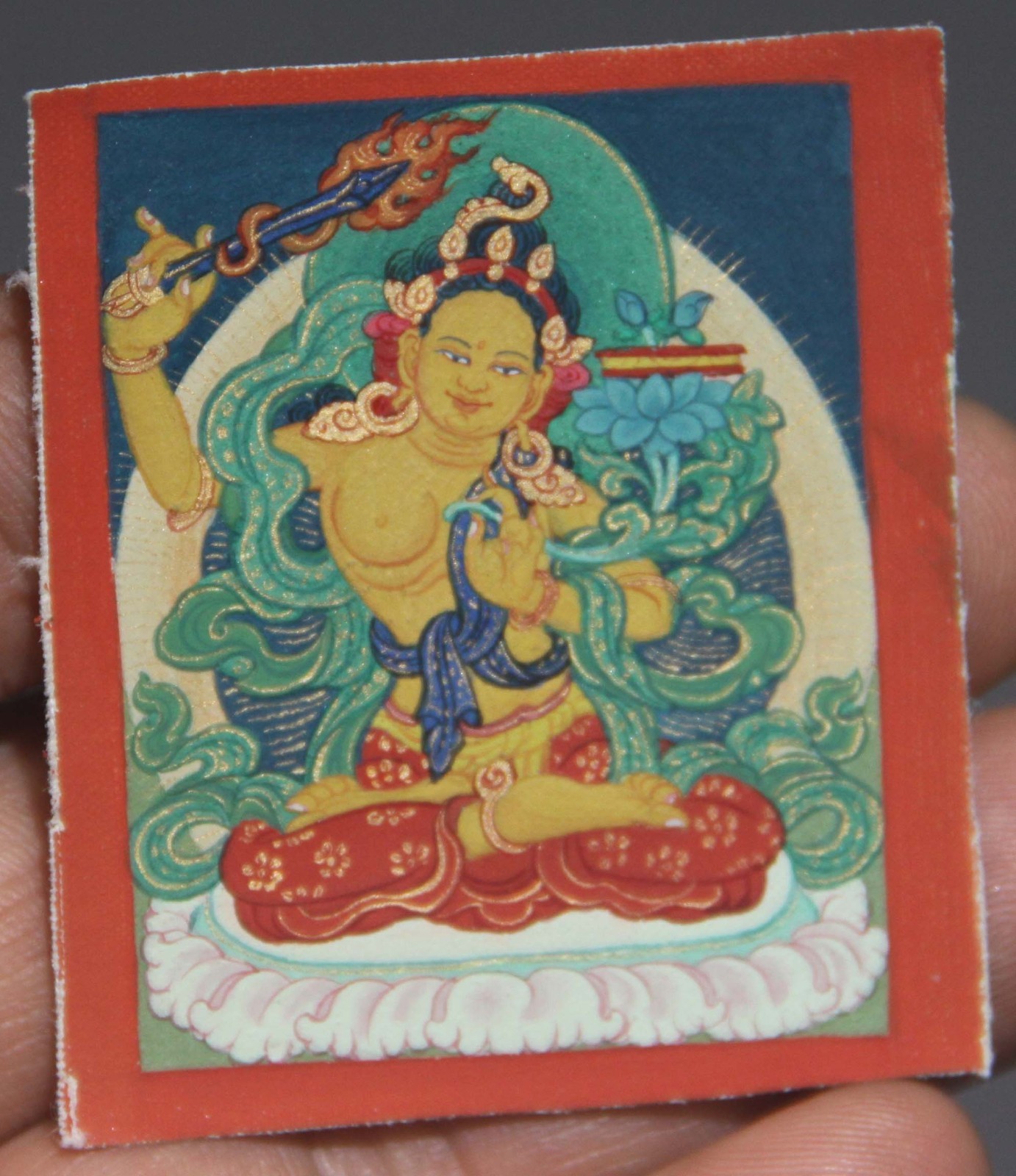 Real Tibet Buddhist Hand-Painted Tsaklis Thangka Manjusri Bodhisattva Mini Size