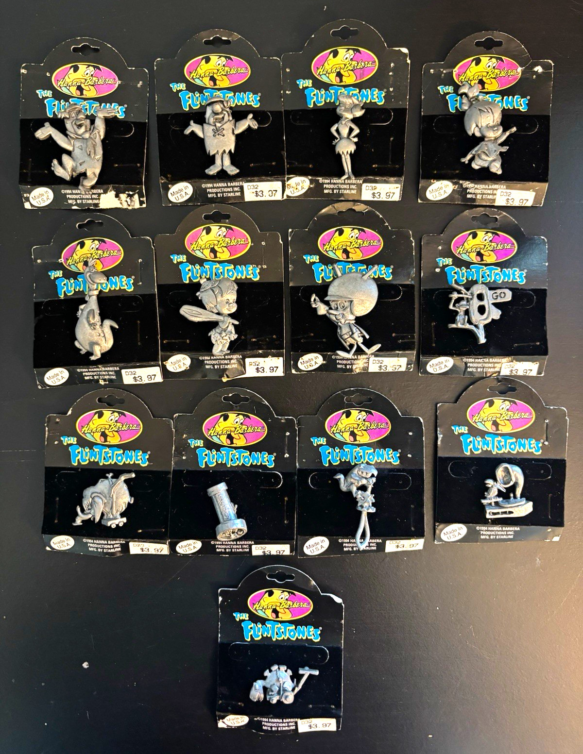 Vintage 1994 Hanna-Barbera Flintstones Pewter-Tone Pins Lot of 13 Original NOC