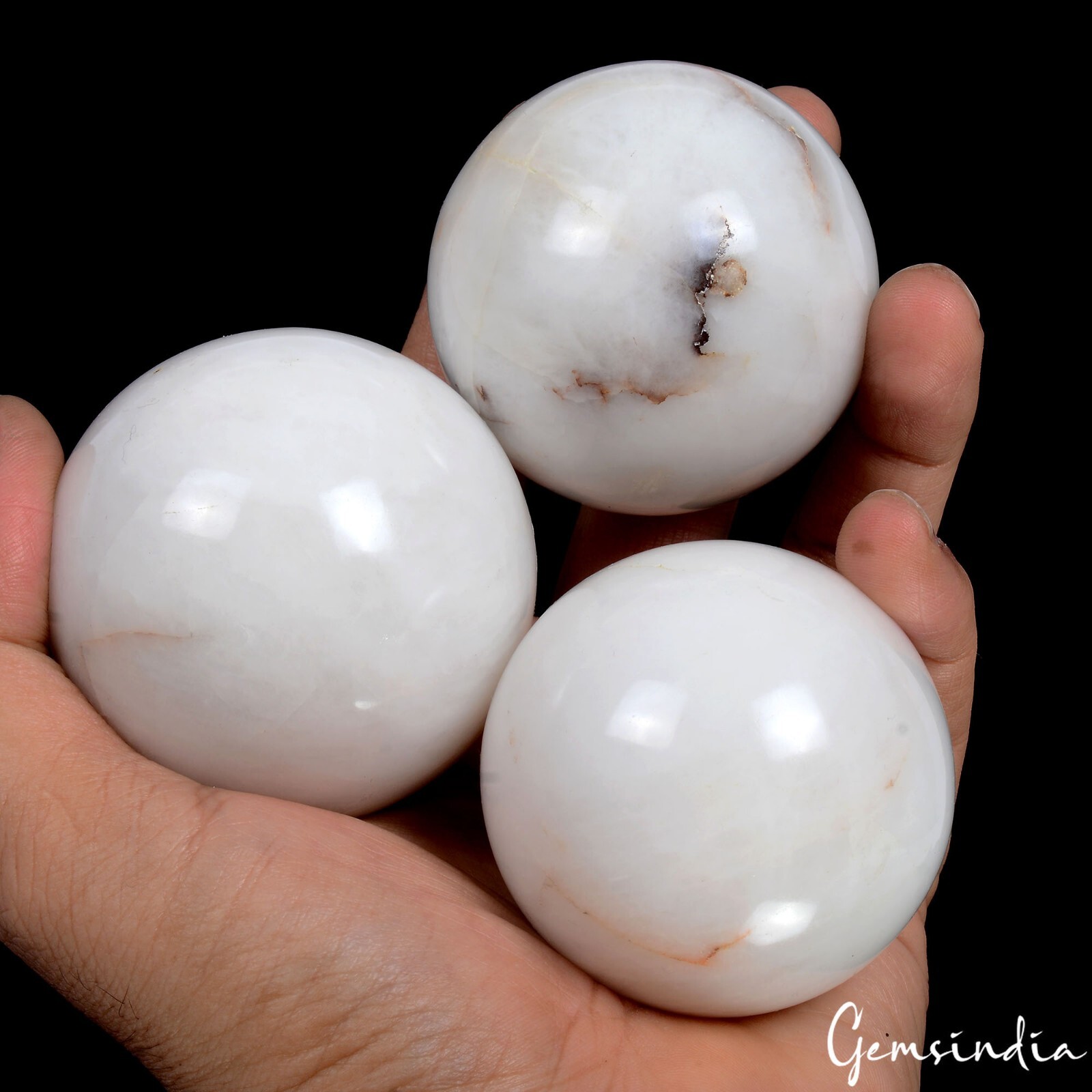 3 Pc Natural White Calcite Gemstone Sphere Crystal Healing Mineral Ball W/ Stand