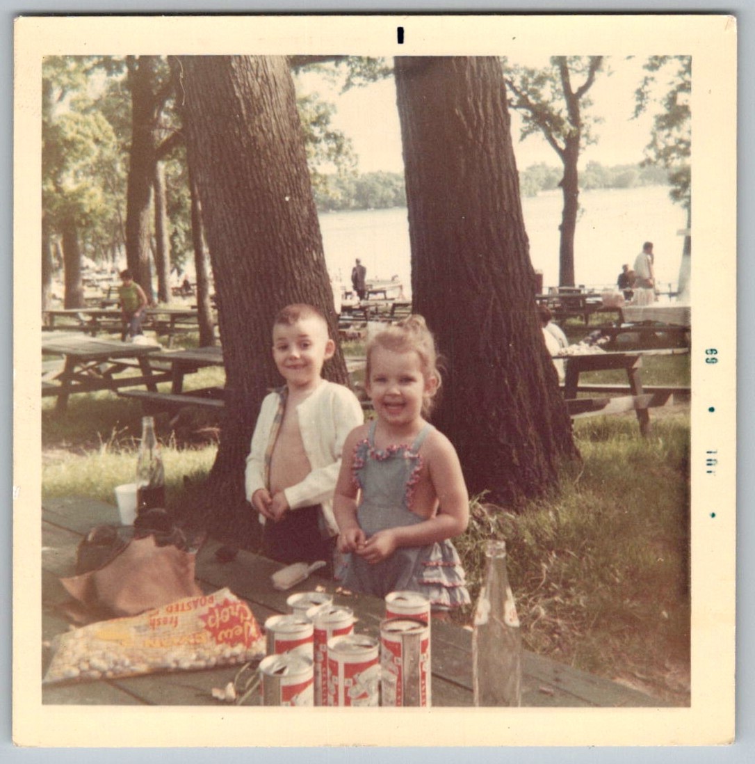 Vtg Color Snapshot Two Cute Kids Picnic Summer Lakeside 1969 Vtg Color Snapshot Two Cute Kids Picnic Summer Lakeside 1969