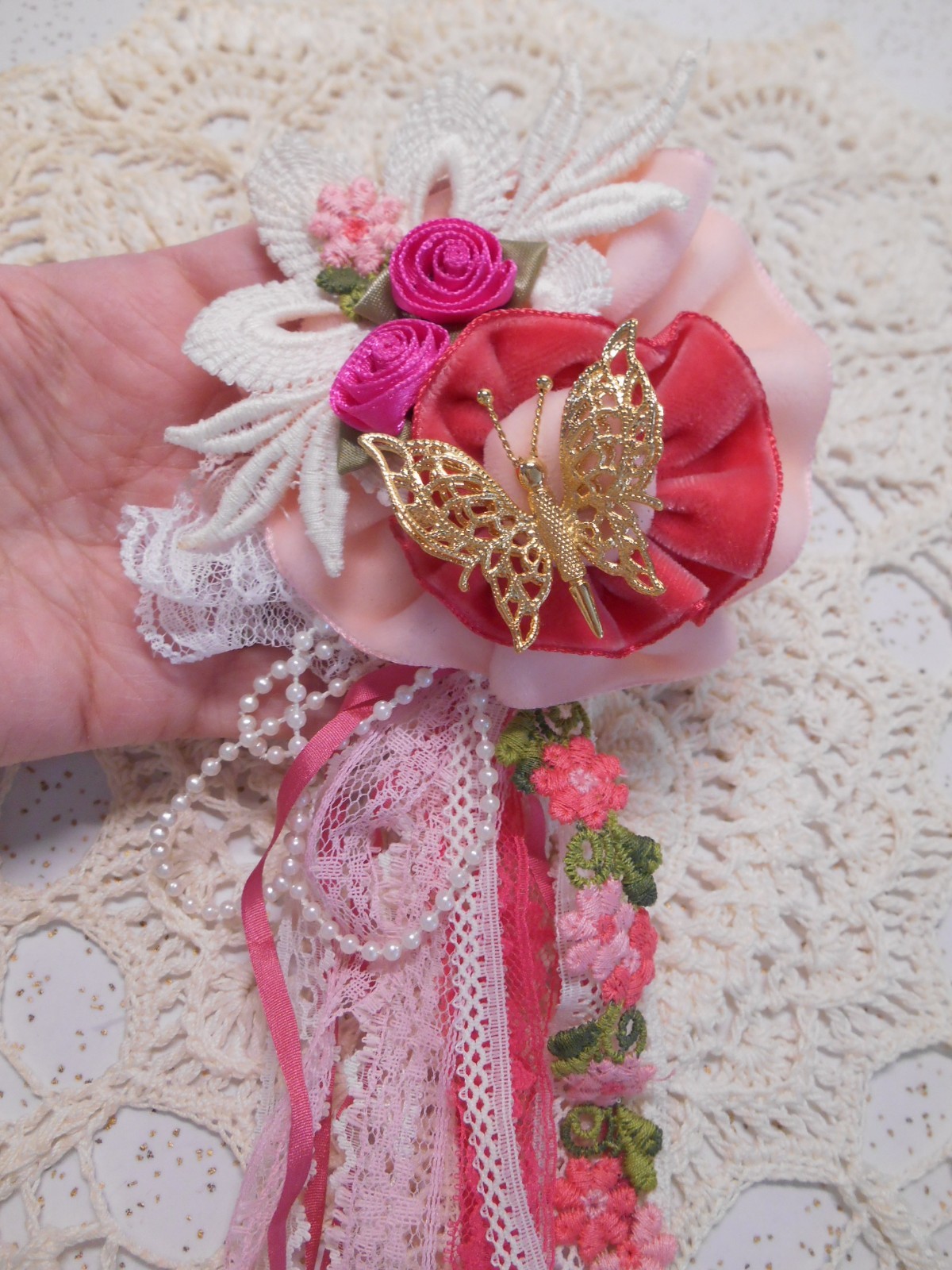 Vintage Pink Lolita Velvet Floral Lace Brooch Corsage Pin ❤️