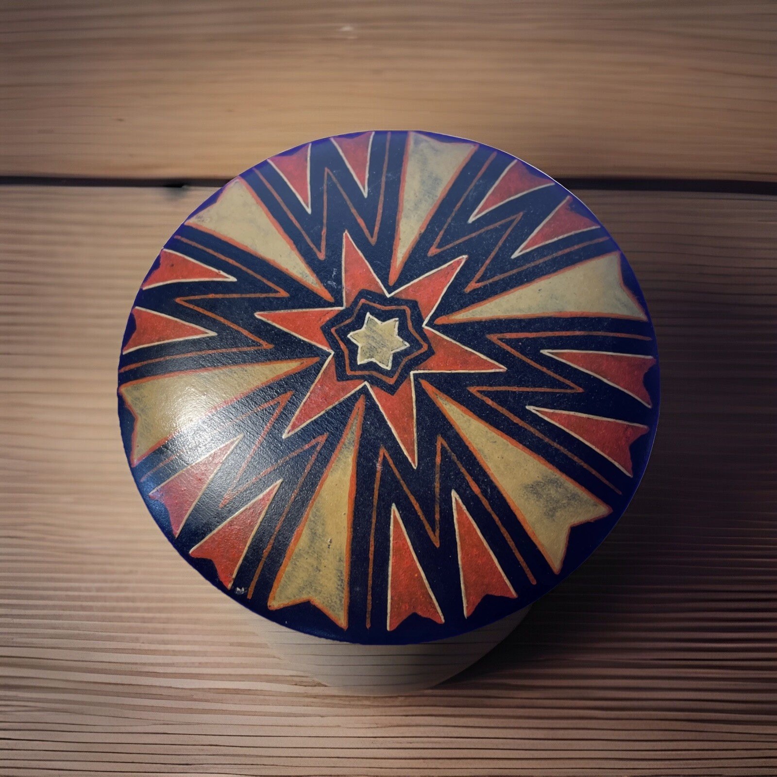Vintage Hand Painted Wood Round Storage Box Triangle Red Stamp Tobacco? Poland?
