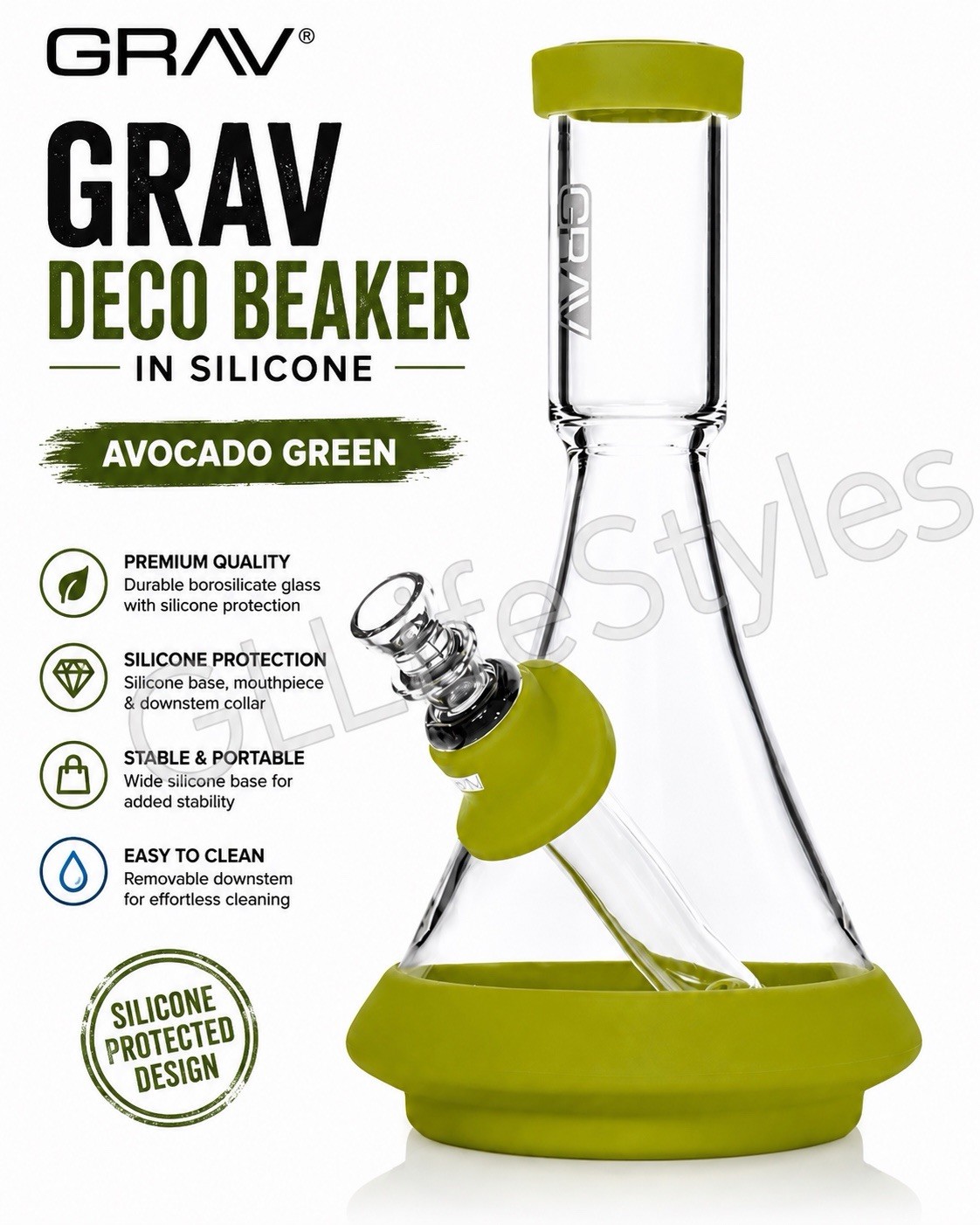 GRAV® DECO BEAKER IN SILICONE, 9” Water Pipe, Bubbler, Avocado Green, Easy Clean