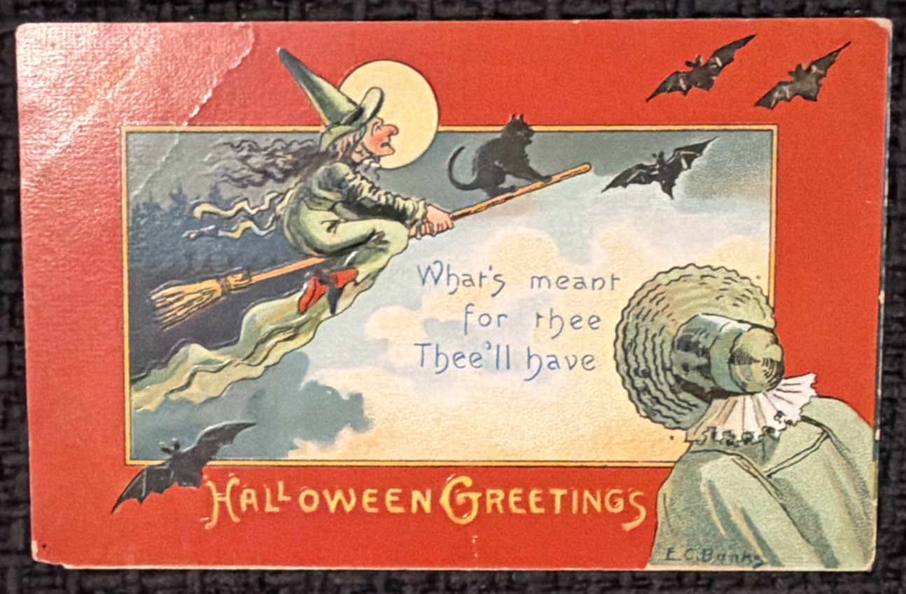 Vintage Halloween Postcard Cat Witch Broom Bats Lady Full Moon EC Banks 1909