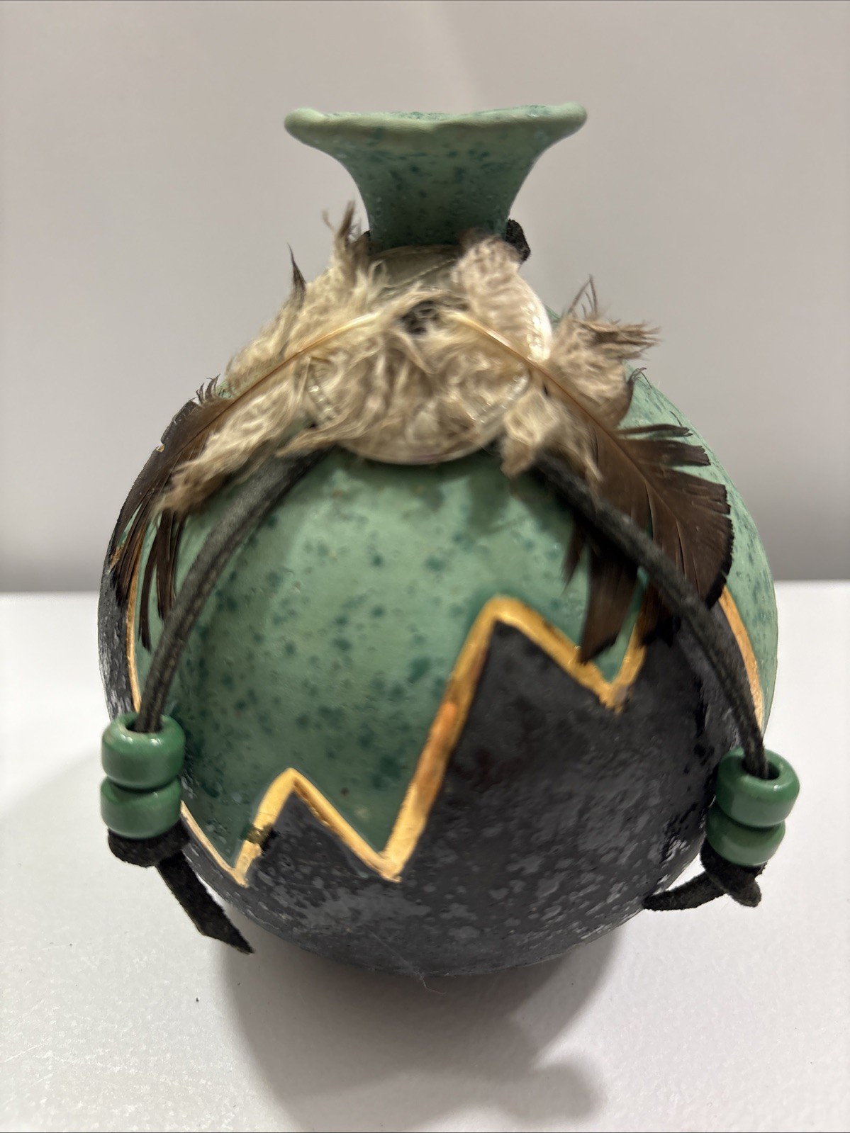 VTG J. Dudley Signed Native American Style Ceramic Wedding Vase Feathers 5x5\