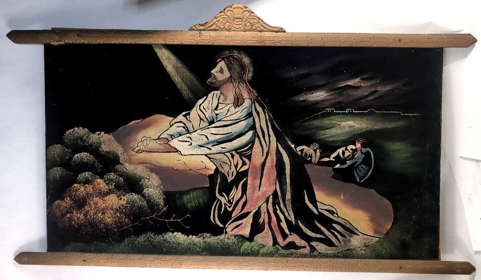 Vintage Large Black Velvet Painting Praying Jesus Framed 30 X 16 Religious Vintage Large Black Velvet Painting Praying Jesus Framed 30 X 16 Religious