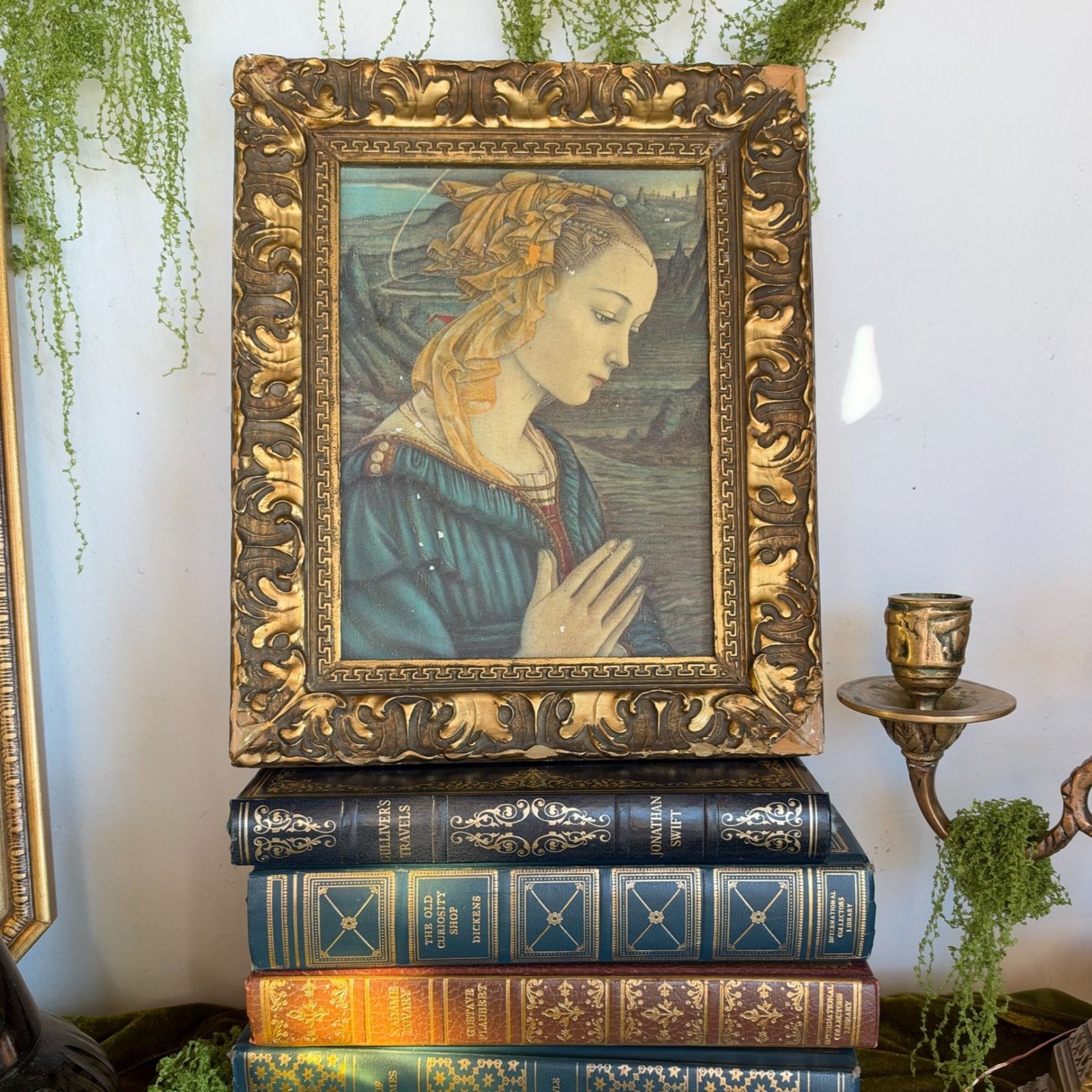 Antique St. Cecilia French Religious Print Plaque In Ornate Carved Wood Frame