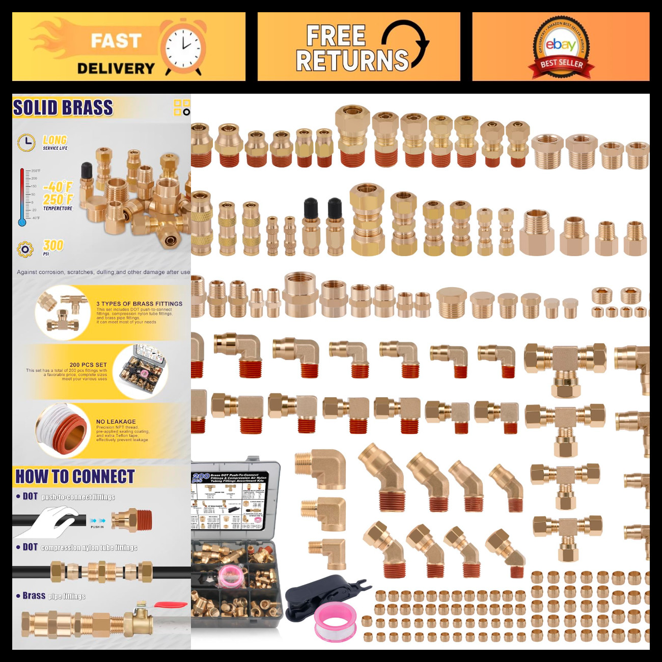 200 Pcs Brass Air Brake Line Compression Fittings Kit - Durable & Reliable Parts