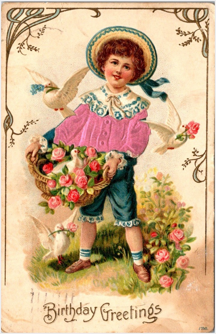 Child Roses Doves Birthday Greetings Postcard c1908 Edwardian Art Nouveau UPU
