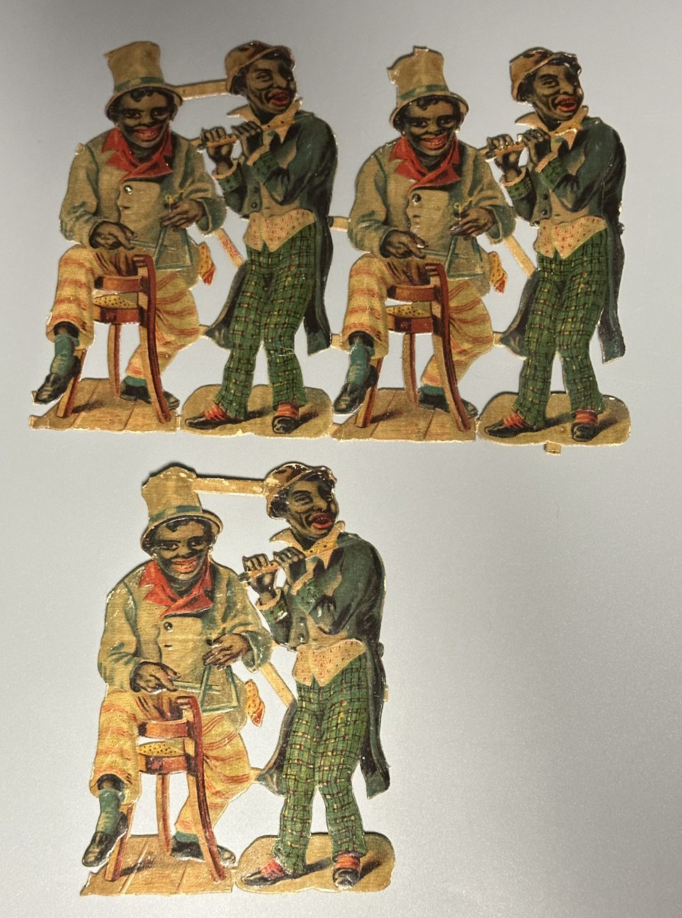 c 1890 Victorian Die Cut Scrap BLACK MUSICIANS Flute MANDOLIN Violin FIDDLE c 1890 Victorian Die Cut Scrap BLACK MUSICIANS Flute MANDOLIN Violin FIDDLE