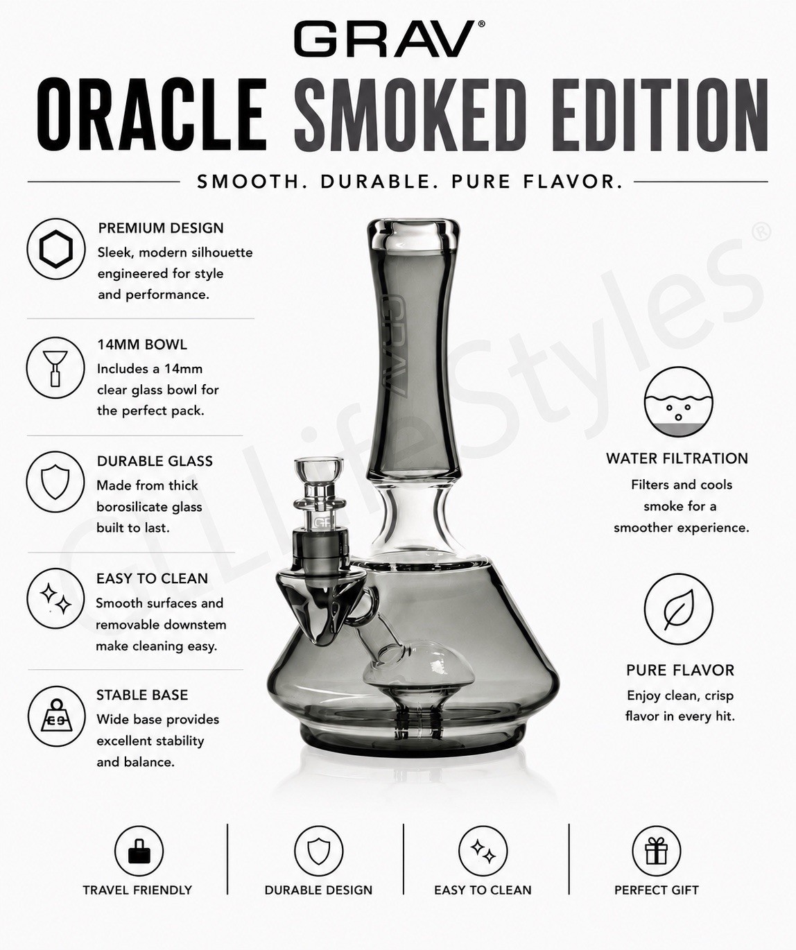 GRAV® ORACLE WATER PIPE, SHORT, SLEEK, AND ROYALLY ELEGANT, SHADOW COLLECTION
