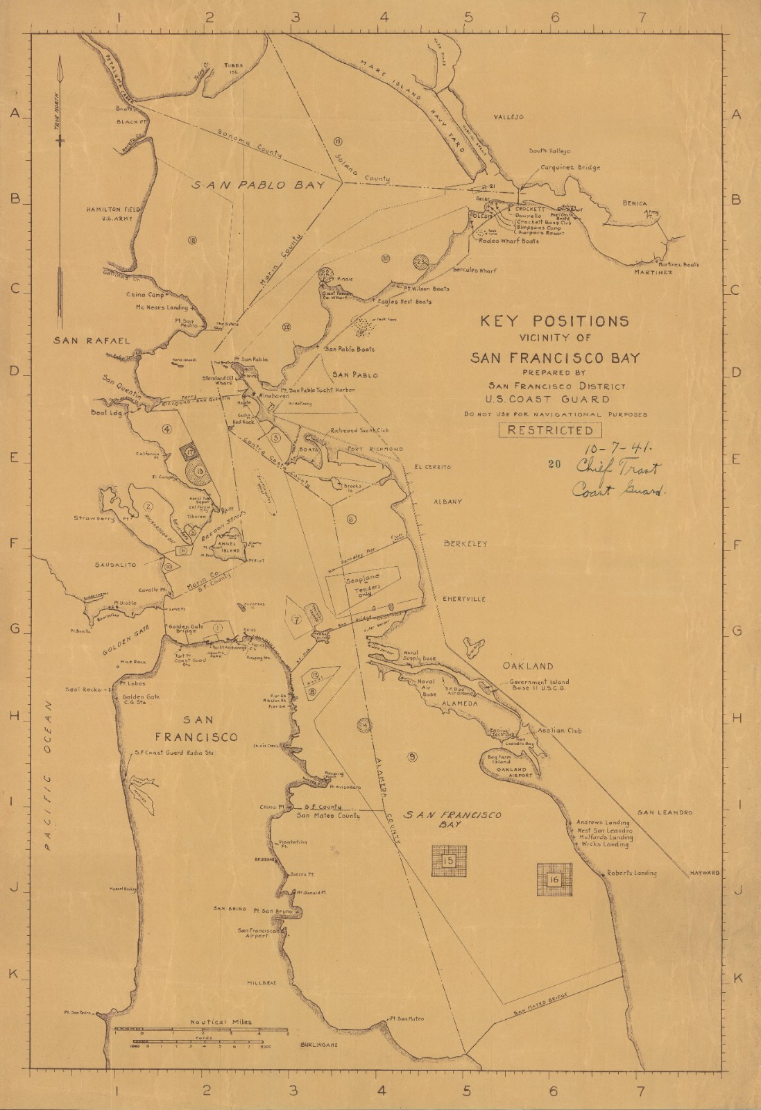 1943 World War II Coast Guard Defense Map, San Francisco Bay, 'Restricted'