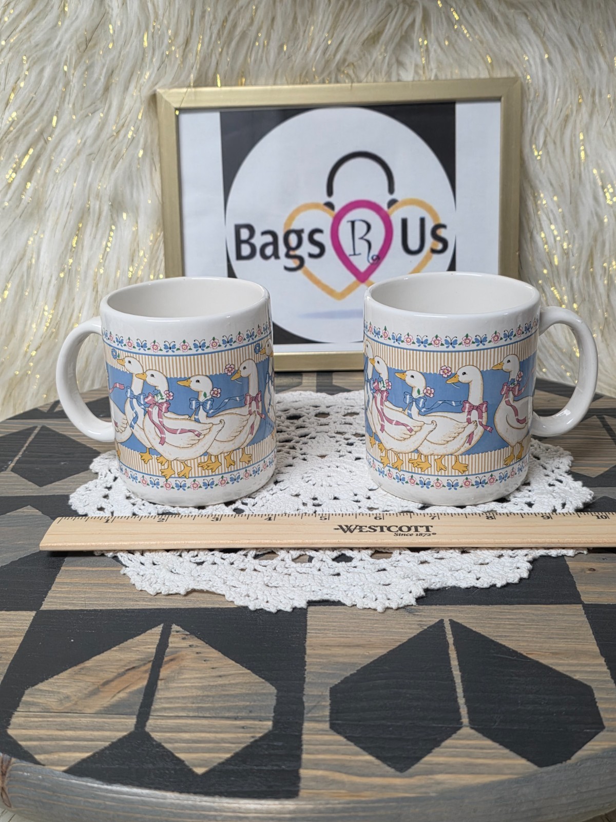 VINTAGE TREASURE CRAFT RIBBON GEESE GOOSE COFFEE MUGS SET OF 2 RARE HTF 