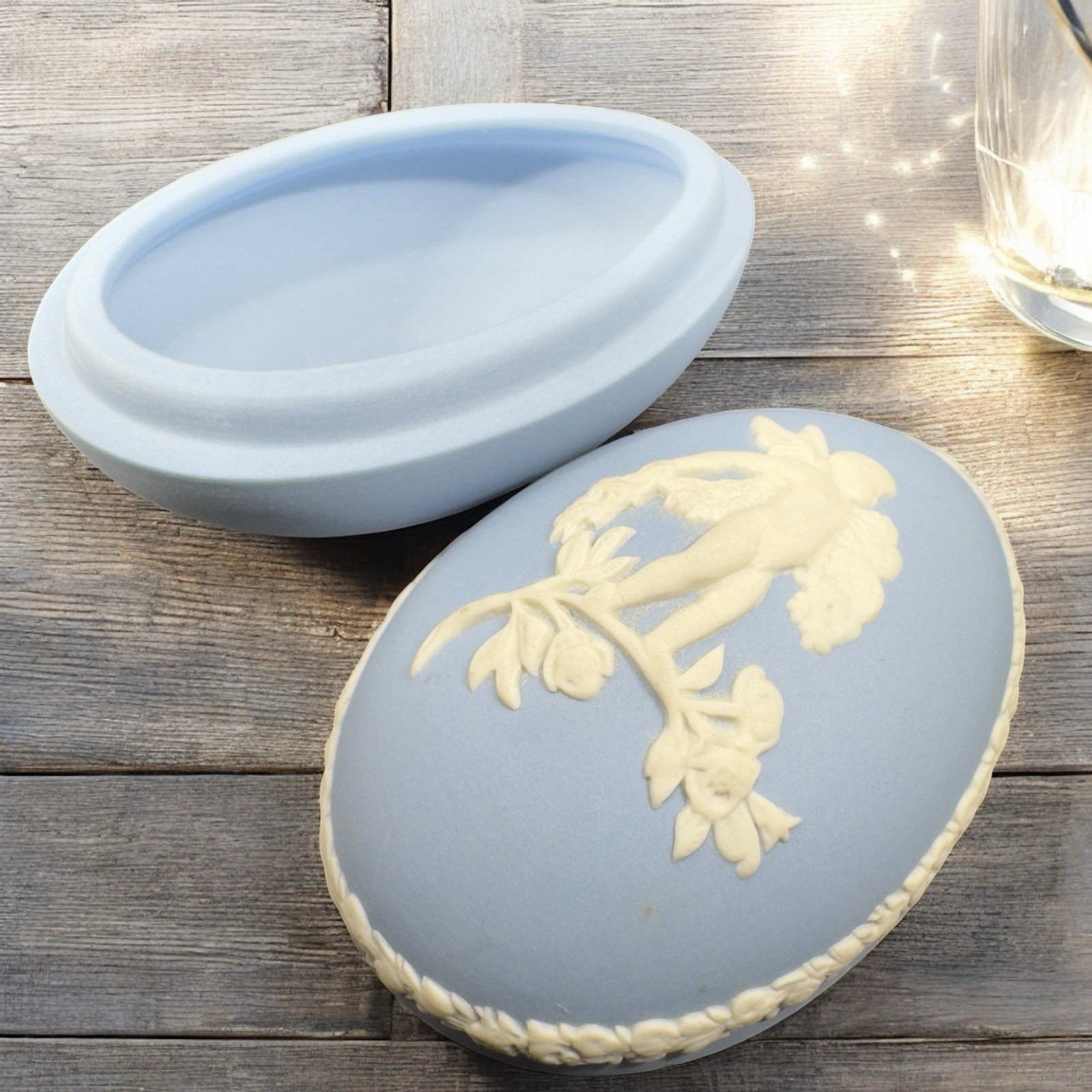 Wedgwood Blue White JasperWare Egg Lidded Trinket Box England Container Pill Box