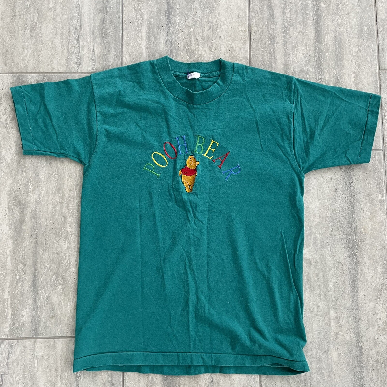 Vtg Disney Embroidery Pooh Bear Teal Short Sleeve T-shirt Adult L Single Stitch