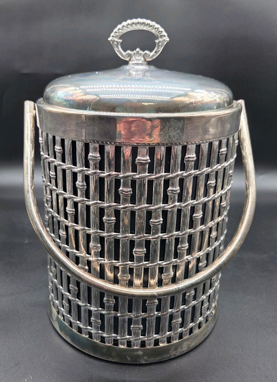 Vintage MCM Brutalist Silver Plate Bamboo Style Ice Bucket Container
