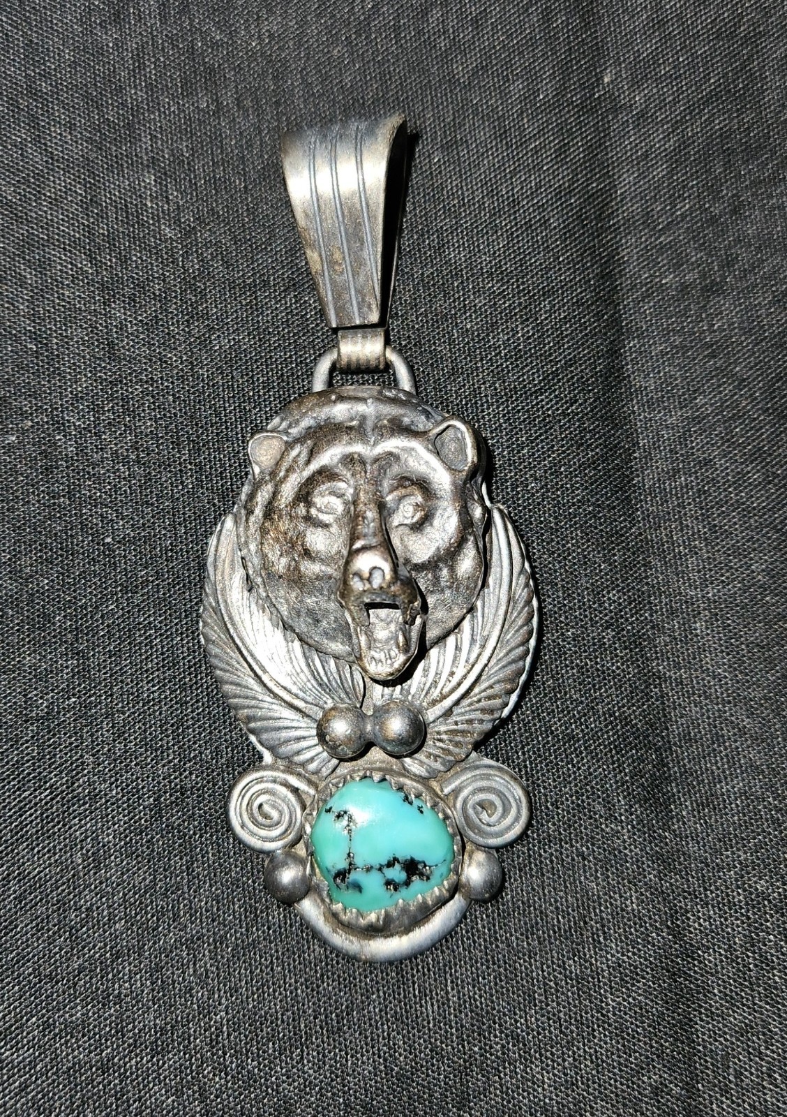 Vintage Native American Sterling Silver Turquoise Bear Head Pendant